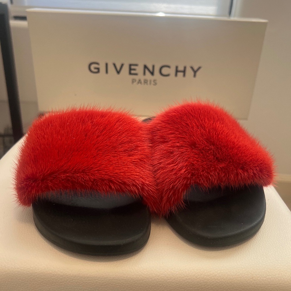 Givenchy Red Dyed Mink Fur Slide Sandals